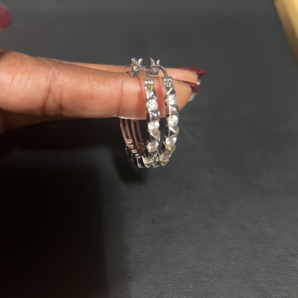 Sterling Silver Rhinestone Hoop Earrings - Picture 4 of 6